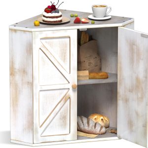 Corner Bread Box for Kitchen Counter Double Layer Bamboo Bread Storage Container Large Capacity Bread Storage Bin Farmhouse Breadbox Organizer