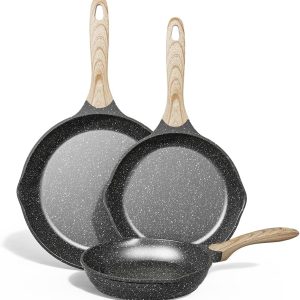 JEETEE Nonstick Frying Pans Set, Nonstick Omelette Skillet Set 3 Pcs, 8" 9.5" 11" Granite Non-Stick Frying pan with Bakelite Handle, Compatible with All Stovetops (Gas, Electric & Induction), Grey